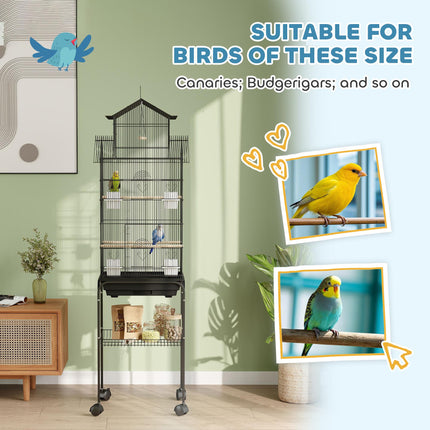 Metal Bird Cage with Swing, Perches, Food Containers & Tray for Finches, Canaries, Budgies - Black