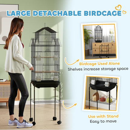 Metal Bird Cage with Swing, Perches, Food Containers & Tray for Finches, Canaries, Budgies - Black