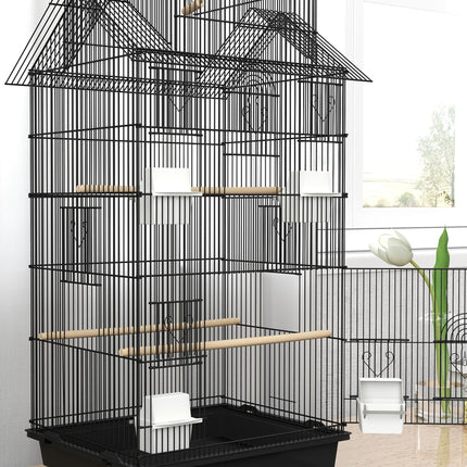 Metal Bird Cage with Swing, Perches, Food Containers & Tray for Finches, Canaries, Budgies - Black