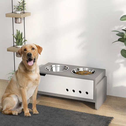 3 Height Adjustable Raised Dog Feeding Station with 2 Stainless Steel Bowls & Slow Feeder Mat - Grey
