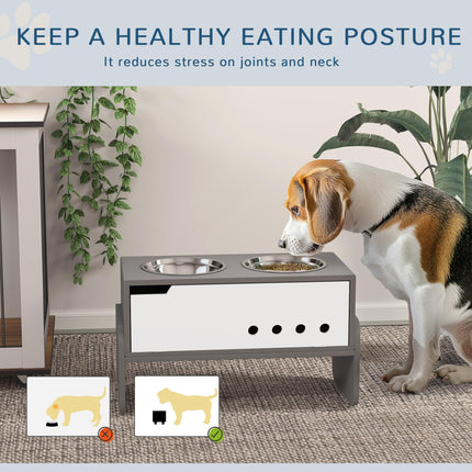 3 Height Adjustable Raised Dog Feeding Station with 2 Stainless Steel Bowls & Slow Feeder Mat - Grey