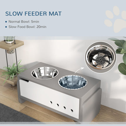 3 Height Adjustable Raised Dog Feeding Station with 2 Stainless Steel Bowls & Slow Feeder Mat - Grey