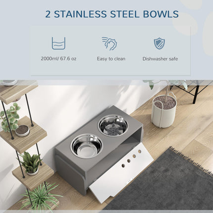 3 Height Adjustable Raised Dog Feeding Station with 2 Stainless Steel Bowls & Slow Feeder Mat - Grey