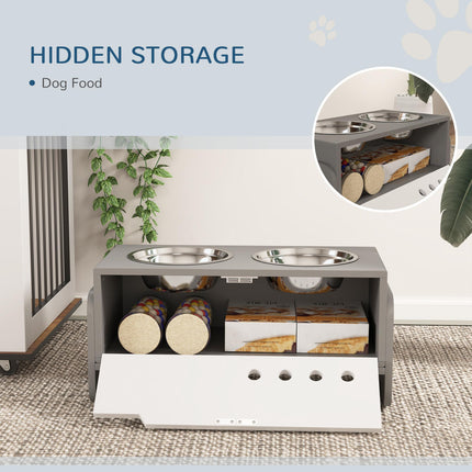 3 Height Adjustable Raised Dog Feeding Station with 2 Stainless Steel Bowls & Slow Feeder Mat - Grey