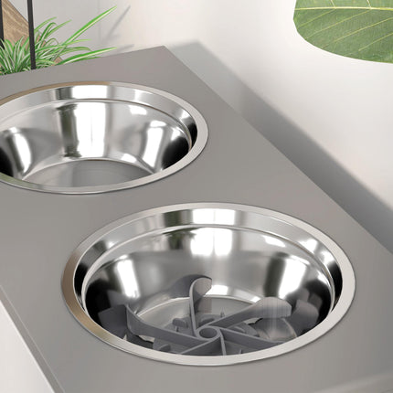 3 Height Adjustable Raised Dog Feeding Station with 2 Stainless Steel Bowls & Slow Feeder Mat - Grey
