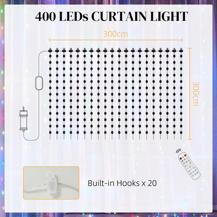 Smart LED Curtain Fairy Lights 3x3m 400 RGBIC LEDs with Remote & App Control - Colour Changing