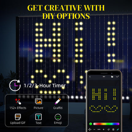 Smart LED Curtain Fairy Lights 3x3m 400 RGBIC LEDs with Remote & App Control - Colour Changing