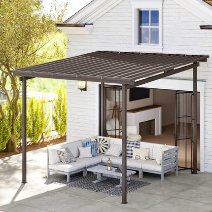 3 x 3m Garden Pergola with Waterproof Metal Roof Lean-To Gazebo Wind-Resistant Easy Assembly - Brown