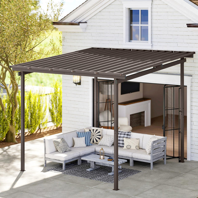 3 x 3m Garden Pergola with Waterproof Metal Roof Lean-To Gazebo Wind-Resistant Easy Assembly - Brown