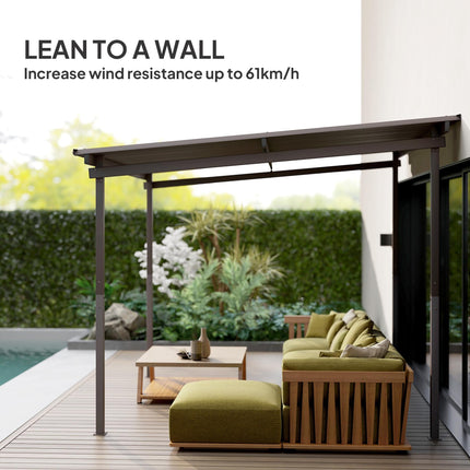 3 x 3m Garden Pergola with Waterproof Metal Roof Lean-To Gazebo Wind-Resistant Easy Assembly - Brown