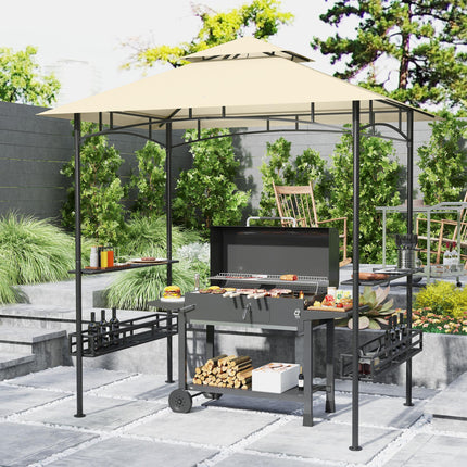 8 Foot Double Tiered BBQ Gazebo Canopy with Shelves & Storage - Beige