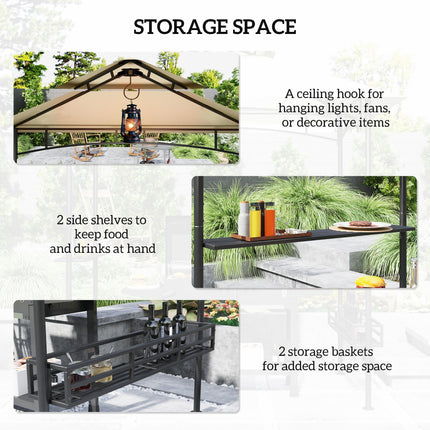 8 Foot Double Tiered BBQ Gazebo Canopy with Shelves & Storage - Beige