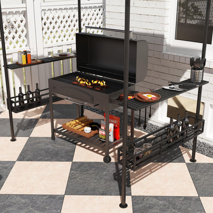 8 Foot Double Tiered BBQ Gazebo Canopy with Shelves & Storage - Beige