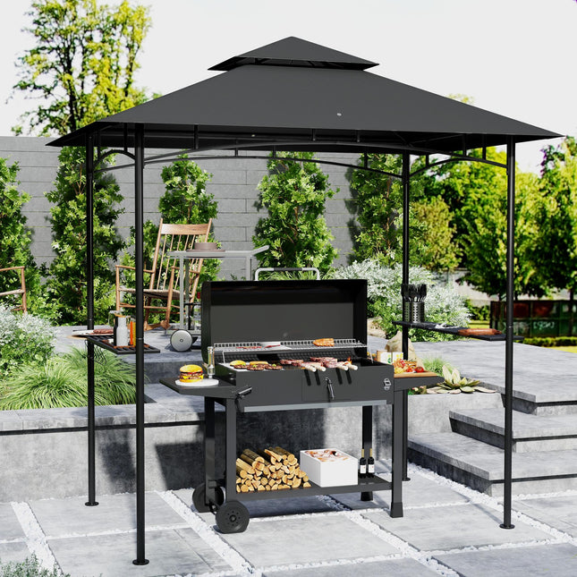 8 Foot Double Tiered BBQ Grill Gazebo with LED Lights - Dark Grey