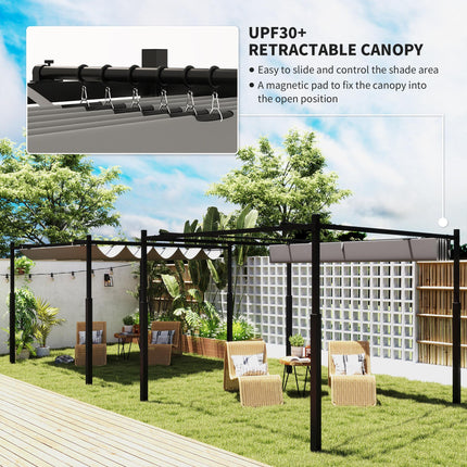 3 x 3 Metre Metal Pergola with Retractable Roof and Magnetic Fixing - Grey