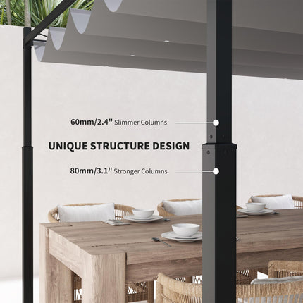 3 x 3 Metre Metal Pergola with Retractable Roof and Magnetic Fixing - Grey