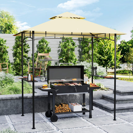 8 Foot Double Tiered BBQ Gazebo Shelter with LED Lights - Beige