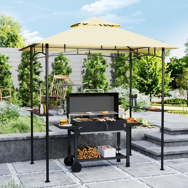 8 Foot Double Tiered BBQ Gazebo Shelter with LED Lights - Beige