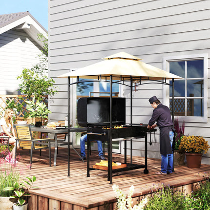8 Foot Double Tiered BBQ Gazebo Shelter with LED Lights - Beige