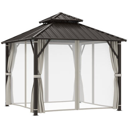3 x 3m Hardtop Gazebo Canopy with Double Metal Roof, Netting & Curtains - Beige