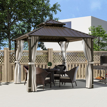 3 x 3m Hardtop Gazebo Canopy with Double Metal Roof, Netting & Curtains - Beige