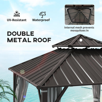 3 x 3m Hardtop Gazebo Canopy with Double Metal Roof, Netting & Curtains - Beige