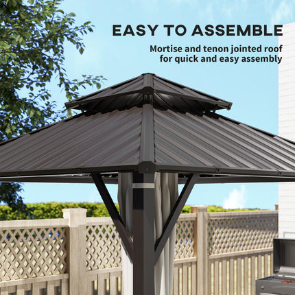 3 x 3m Hardtop Gazebo Canopy with Double Metal Roof, Netting & Curtains - Beige
