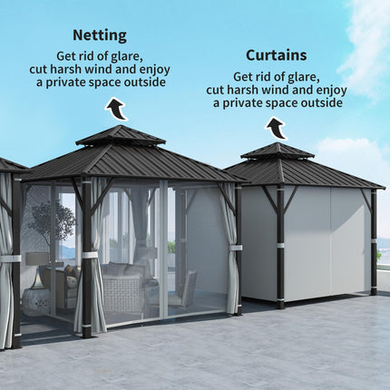 3 x 3m Hardtop Gazebo Canopy with Double Metal Roof, Netting & Curtains - Beige