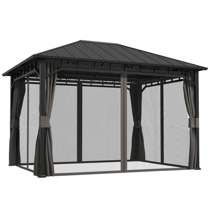 3 x 4m Hardtop Garden Gazebo with Galvanised Steel Roof, Water Gutter, Netting & Curtains - Dark Grey