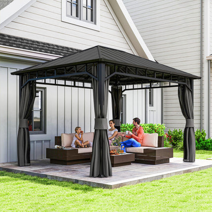 3 x 4m Hardtop Garden Gazebo with Galvanised Steel Roof, Water Gutter, Netting & Curtains - Dark Grey