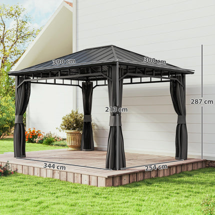 3 x 4m Hardtop Garden Gazebo with Galvanised Steel Roof, Water Gutter, Netting & Curtains - Dark Grey