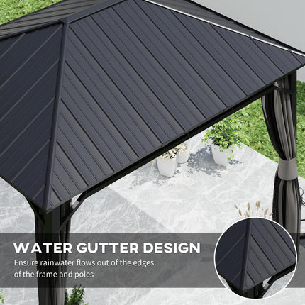 3 x 4m Hardtop Garden Gazebo with Galvanised Steel Roof, Water Gutter, Netting & Curtains - Dark Grey