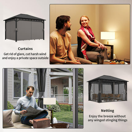 3 x 4m Hardtop Garden Gazebo with Galvanised Steel Roof, Water Gutter, Netting & Curtains - Dark Grey