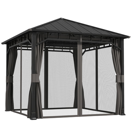 3 x 3m Hardtop Gazebo with Galvanised Steel Roof, Water Gutter, Netting & Curtains for Patio - Dark Grey