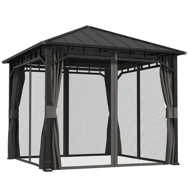 3 x 3m Hardtop Gazebo with Galvanised Steel Roof, Water Gutter, Netting & Curtains for Patio - Dark Grey