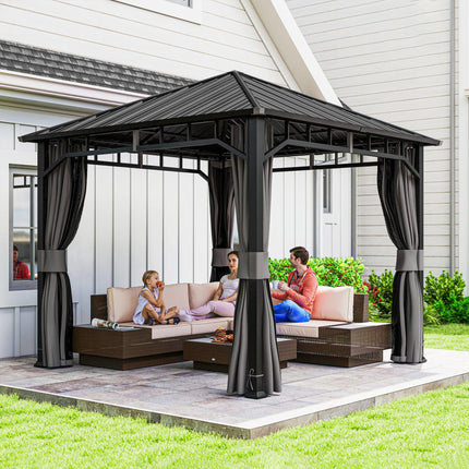 3 x 3m Hardtop Gazebo with Galvanised Steel Roof, Water Gutter, Netting & Curtains for Patio - Dark Grey