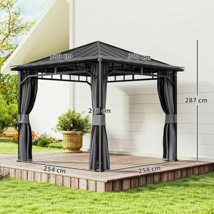 3 x 3m Hardtop Gazebo with Galvanised Steel Roof, Water Gutter, Netting & Curtains for Patio - Dark Grey