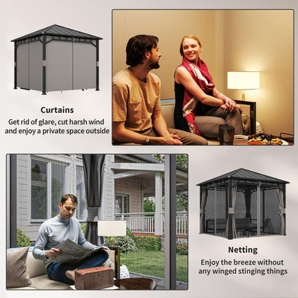 3 x 3m Hardtop Gazebo with Galvanised Steel Roof, Water Gutter, Netting & Curtains for Patio - Dark Grey
