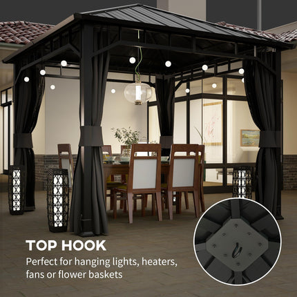 3 x 3m Hardtop Gazebo with Galvanised Steel Roof, Water Gutter, Netting & Curtains for Patio - Dark Grey