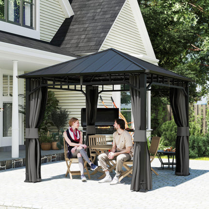 3 x 3m Hardtop Gazebo with Galvanised Steel Roof, Water Gutter, Netting & Curtains for Patio - Dark Grey
