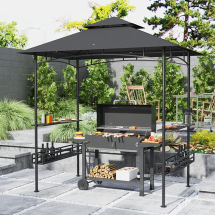 BBQ Grill Gazebo 150x240cm with Shelves and Baskets - Grey Polyester Canopy