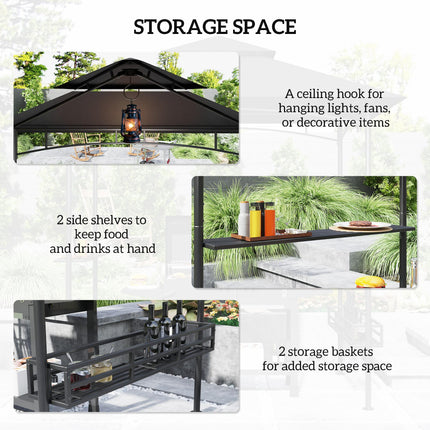 BBQ Grill Gazebo 150x240cm with Shelves and Baskets - Grey Polyester Canopy