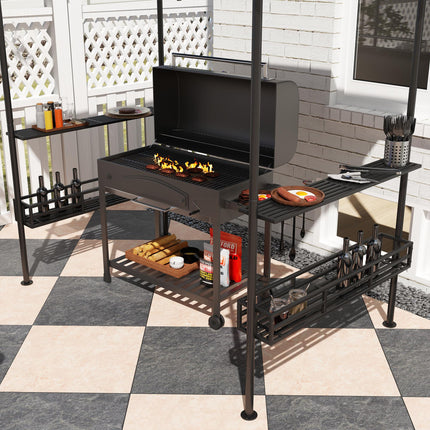 BBQ Grill Gazebo 150x240cm with Shelves and Baskets - Grey Polyester Canopy