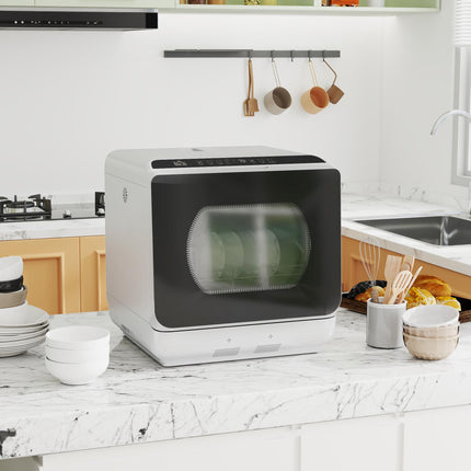 Mini Tabletop Dishwasher with 6L Water Tank, 6 Programs, Touch Control & LED Display, 4 Place Settings - Silver Tone