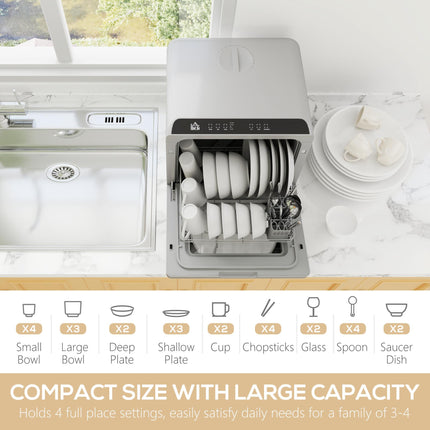 Mini Tabletop Dishwasher with 6L Water Tank, 6 Programs, Touch Control & LED Display, 4 Place Settings - Silver Tone
