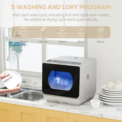 Mini Tabletop Dishwasher with 6L Water Tank, 6 Programs, Touch Control & LED Display, 4 Place Settings - Silver Tone