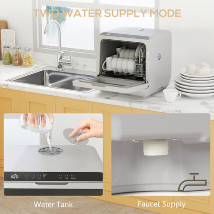 Mini Tabletop Dishwasher with 6L Water Tank, 6 Programs, Touch Control & LED Display, 4 Place Settings - Silver Tone