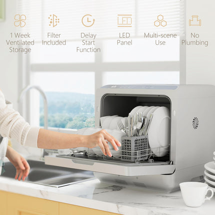 Mini Tabletop Dishwasher with 6L Water Tank, 6 Programs, Touch Control & LED Display, 4 Place Settings - Silver Tone