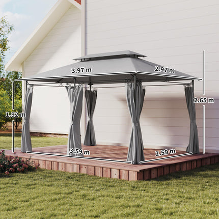 3 x 4m Metal Frame Two-Tier Roof Gazebo - Dark Grey