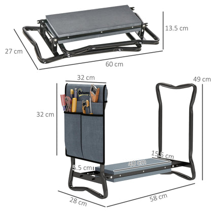 Steel Frame Foldable Padded Garden Kneeler with Tool Bag - Grey